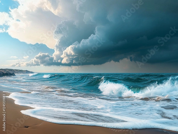 Fototapeta  Stormy Beach with Waves and Dramatic Cloudscape