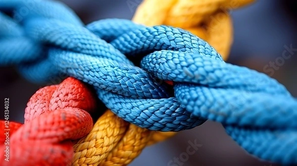 Fototapeta Team rope tied to sturdy node together.