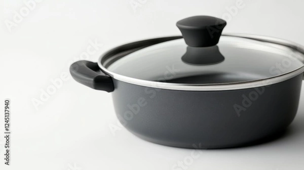 Fototapeta A close-up of a high-quality non-stick sauté pan with a tempered glass lid, set on a clean white background.