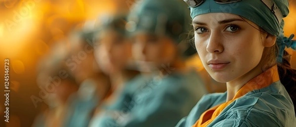 Obraz Group of young nurses standing welcoming team in hospital.