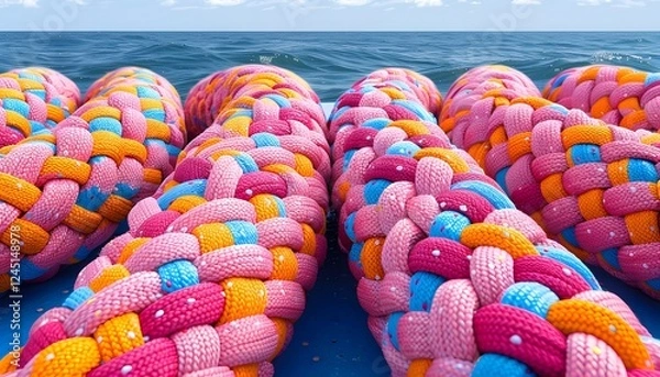 Fototapeta Team rope tied to sturdy node together.