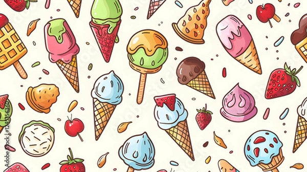 Obraz Colorful hand-drawn ice cream cones and fruits on a light background, perfect for summer themes