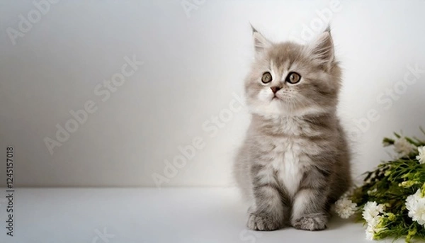 Obraz シンプルなホワイト空間に、ふわふわの子猫がちょこんと座る可愛らしい春の情景
