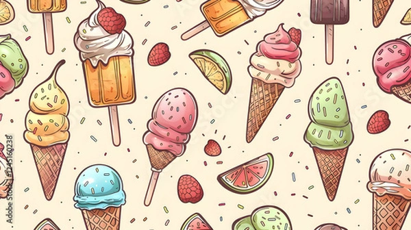 Obraz Colorful assortment of ice cream cones, popsicles, and fruits on a light background, evoking summer joy