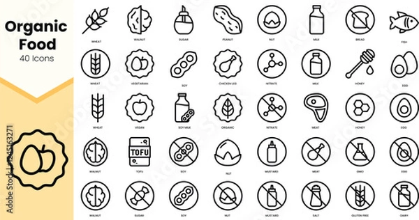 Fototapeta A collection of 40 line icons representing organic food items and dietary restrictions in a minimalistic style.