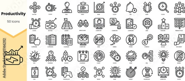 Obraz A diverse collection of 50 productivity icons in a minimalistic style showcasing time management and efficiency concepts.
