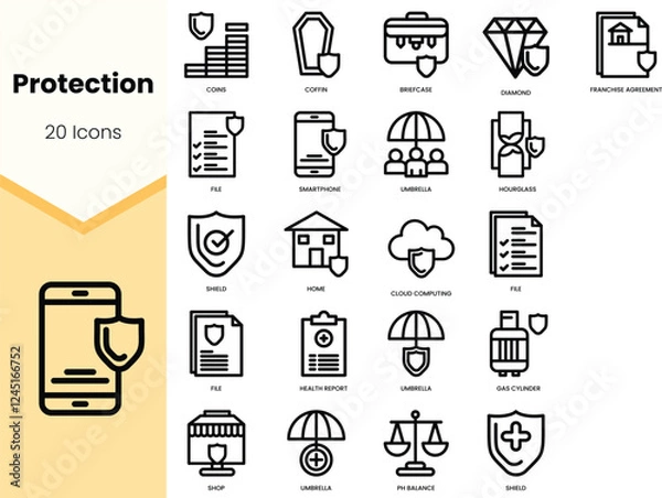 Fototapeta A collection of 20 icons representing various aspects of protection, featuring symbols like a shield, umbrella, and a smartphone.