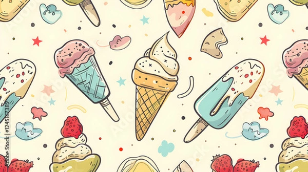 Obraz Colorful illustration of various ice cream treats on a whimsical background with playful elements