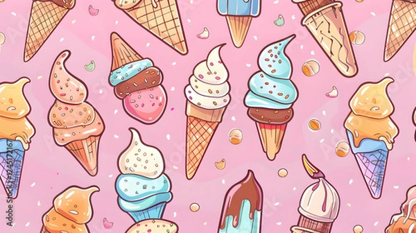 Fototapeta Colorful ice cream cones in various flavors against a pink background, perfect for summer themes