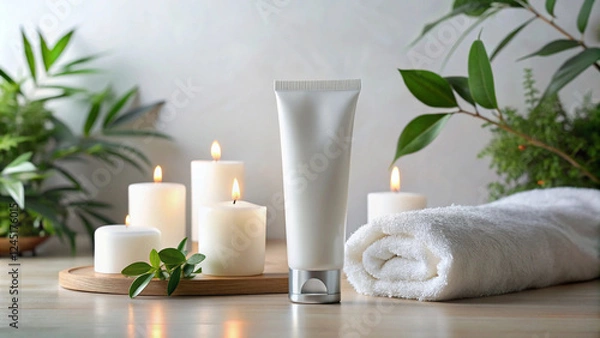 Obraz  Blank White Cosmetic Tube with Eucalyptus, Candle, and Towel on Wooden Background 