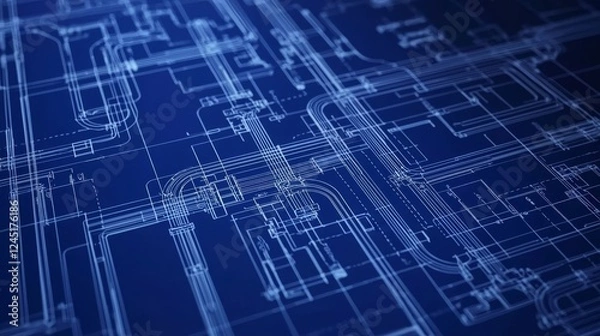 Fototapeta Intricate engineering piping blueprints in various shades of blue.