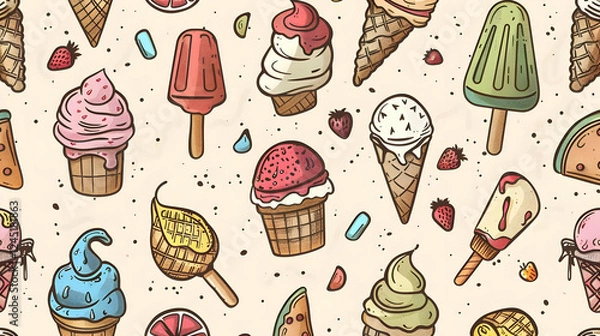 Fototapeta Colorful illustration of various ice cream cones and popsicles on a light background, perfect for summer themes (1)