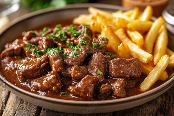 Fototapeta Close-up of a plate of Flemish stew with crispy French fries, highlighting the rich beer sauce and tender beef, served on a wooden table in a warm, rustic kitchen adorned
