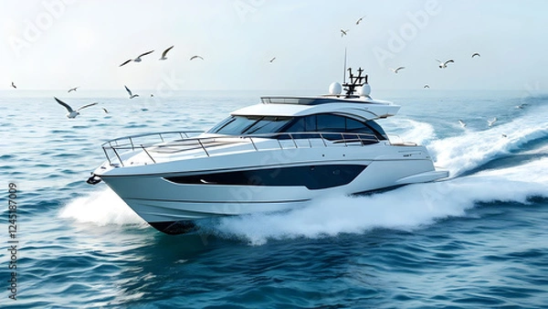Fototapeta A sleek, modern yacht is cruising on the ocean, surrounded by seagulls.