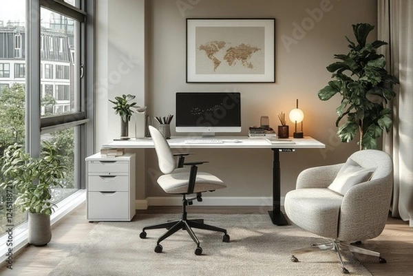 Fototapeta White standing desk with black legs, accented with storage boxes, framed artwork, and modern office furniture in a stylish home office setting.