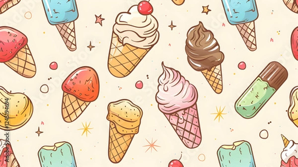 Obraz Colorful illustration of various ice cream cones with toppings on a light background, ideal for summer themes
