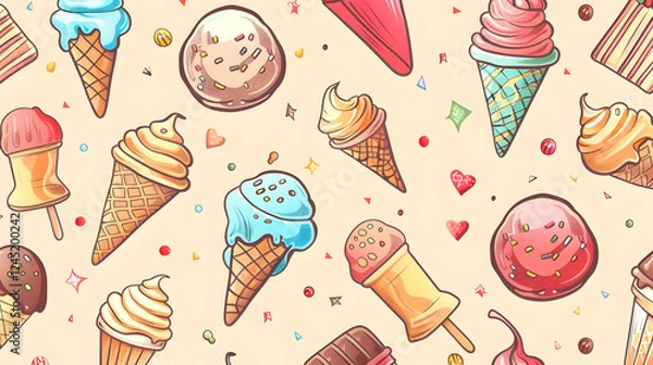 Obraz Colorful illustration of various ice cream cones and treats on a light background, ideal for summer themes