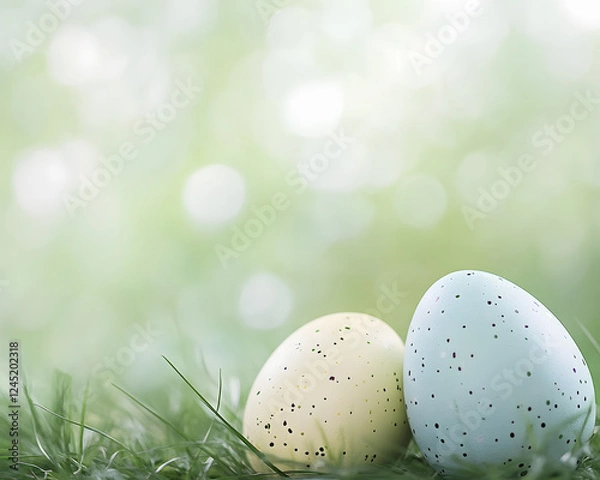 Obraz two pastel easter eggs on fresh green grass with soft bokeh background