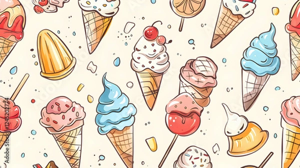 Obraz Colorful hand-drawn ice cream cones and popsicles on a light background, ideal for summer themes