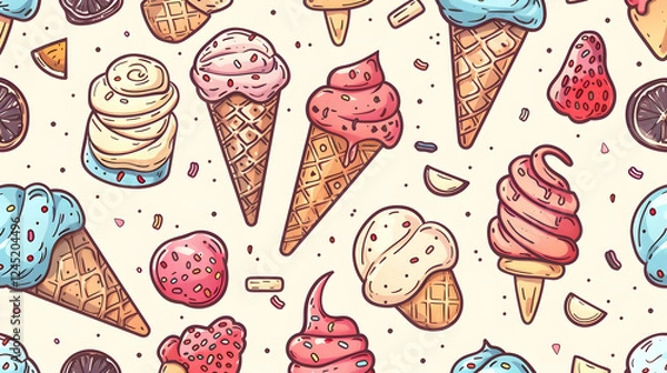 Obraz Colorful and playful illustration of various ice cream cones and treats on a light background