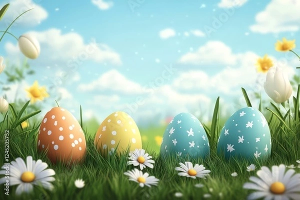Fototapeta Four Colorful Easter Eggs Nestled In A Vibrant Spring Meadow.