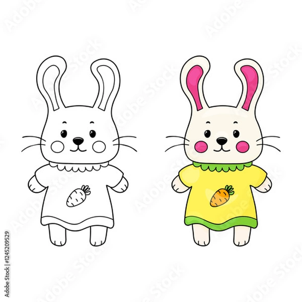 Fototapeta Bunny in a dress coloring page color book for kids with colored example. more detail, line art design.