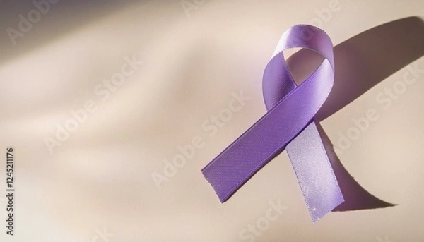 Fototapeta A symbolic lavender ribbon (representing cancer awareness) placed in a clean, minimalist composition on a soft pastel background. Accompanied by subtle light rays symbolizing hope and strength.