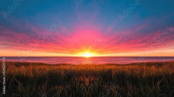 Obraz Vibrant sunset over ocean, grasses foreground