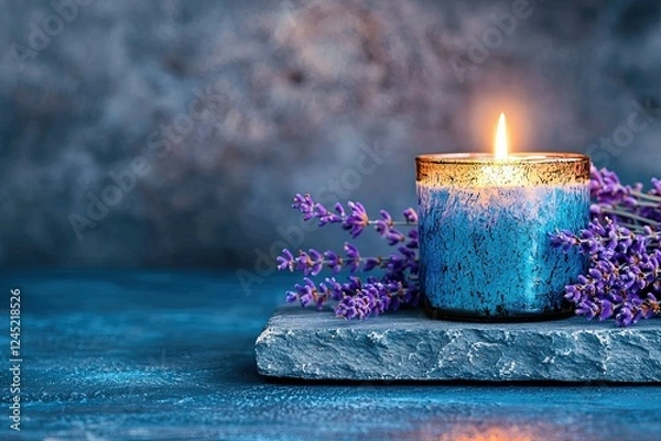 Fototapeta Meditation and spa themed, Tranquil Aromatherapy Scene with Lavender Flowers and Burning Candle on a Slate Surface, Perfect for Relaxation and Meditation Themes