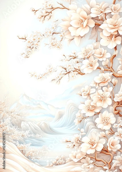 Fototapeta A beautiful painting of a mountain landscape with a river and a field of flowers. The flowers are white and the mountains are in the background. The painting has a serene and peaceful mood