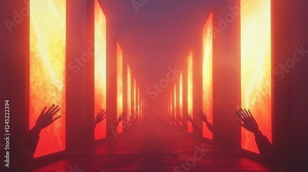 Obraz Futuristic corridor illuminated by glowing orange panels with hands reaching out from the shadows, creating an immersive and eerie atmosphere with foggy surroundings.