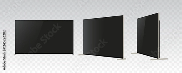 Fototapeta Realistic 4K Ultra HD OLED Smart TV Mockup: Front, Side, and Perspective Views of Slim, Chic Design with Blank Screen. Vector Television Graphic