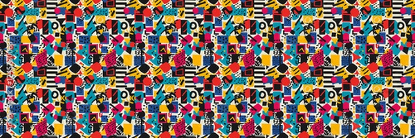 Fototapeta Seamless pattern with geometric shapes in the style. Multicolored vintage background with triangles, circles and squares for textile, fabric and Sudanese fabric art.