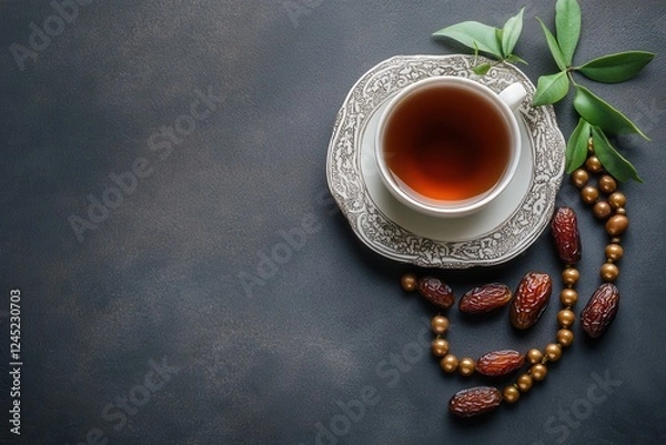 Fototapeta A serene tea setting featuring a cup of tea, dates, and decorative leaves on a textured surface