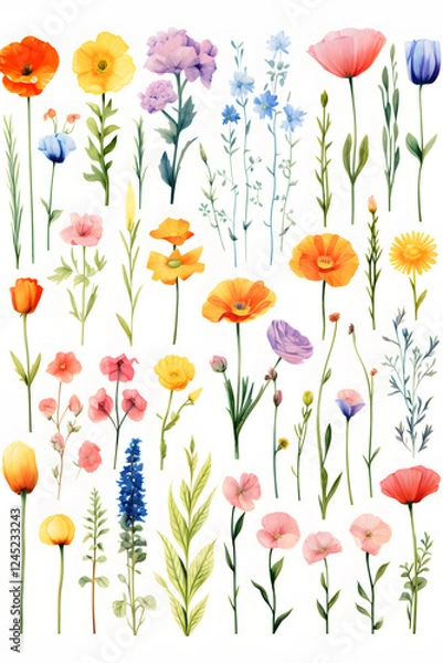 Fototapeta Digital watercolor flowers clipart set print pattern flower abstract graphic poster background
