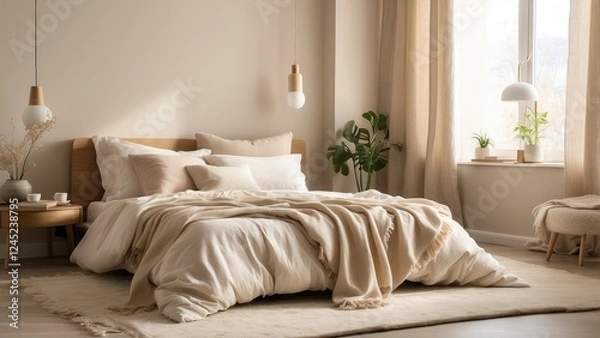 Obraz "Tranquil Bedroom Corner Featuring a Neatly Made Bed, Fluffy Pillows, and a Soft Area Rug, Bathed in Gentle, Warm Light from a Bedside Lamp"