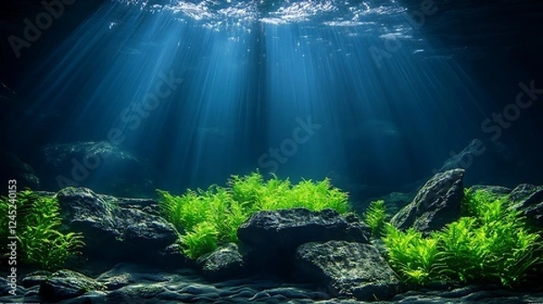Fototapeta Underwater plants, sunbeams, rocks, aquarium, serene scene