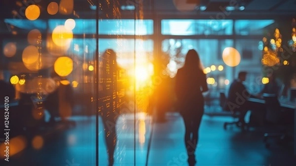 Fototapeta Blurred silhouettes in modern office, sunlight streaming through window. Illustrates concepts of innovation, technology, and teamwork in a business setting.