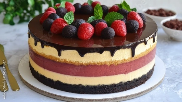 Obraz A vegan chocolate cake with rich cocoa layers, elegantly displayed on a clean, minimal surface.