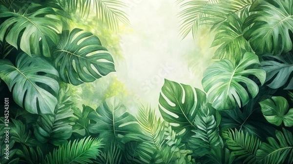 Fototapeta Tropical Green Foliage with Soft Background. Generative AI