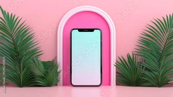 Fototapeta Modern smartphone display in vibrant arch with lush tropical plants backdrop