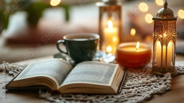 Fototapeta Ramadan Suhoor Setting with Warm Candlelight and Tea.