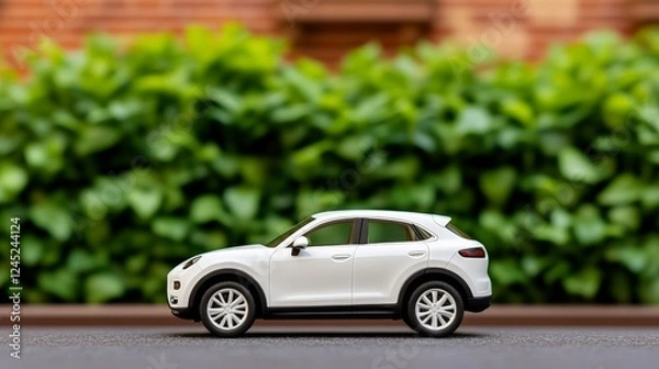 Obraz Miniature white SUV car model on asphalt with green foliage background