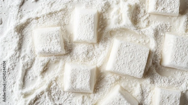 Fototapeta Flat lay of frozen cream cheese blocks on a white surface with frost texture. Ample copy space.