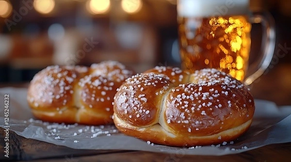 Fototapeta Artisan-style pretzels sprinkled with coarse sea salt, placed on crinkled parchment paper, surrounded by wooden table elements, blurred beer mug glowing with amber hues in the background,