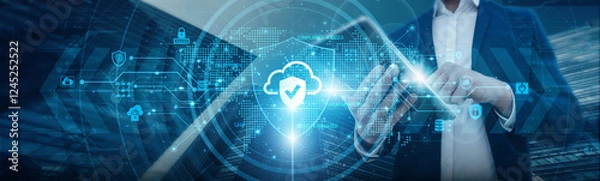 Fototapeta Businessmen's connections are protected through cloud security measures that ensure data encryption and secure access controls, sensitive information, and facilitate safe data storage and sharing.