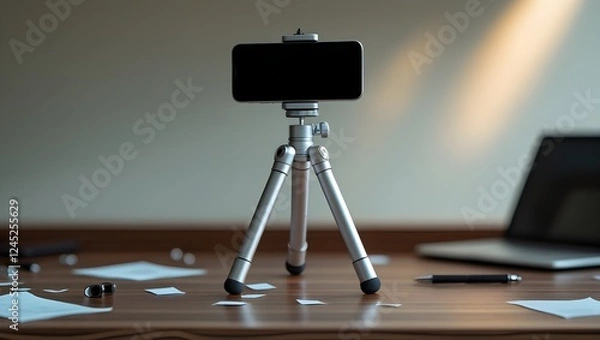 Fototapeta A compact smartphone tripod on a desk
