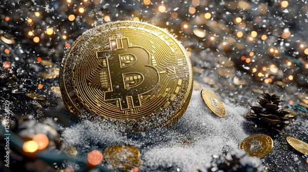 Obraz Bitcoin in the Snow: A Festive Crypto Scene. Digital Currency, Finance, Investment, and Blockchain Technology in a Winter Setting.