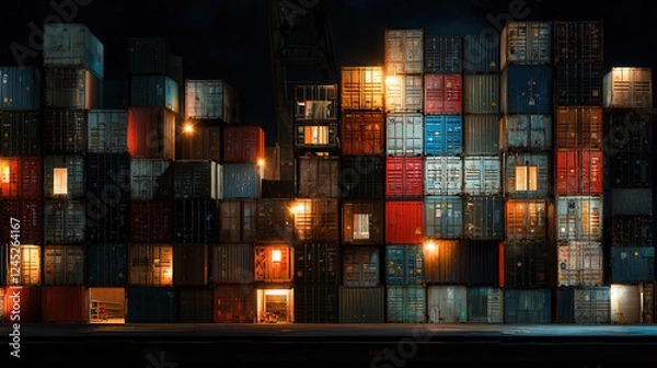 Fototapeta vibrant display of stacked cargo containers illuminated at night, showcasing various colors and textures