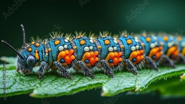 Fototapeta Colorful caterpillar crawling on leaf, green background, nature macro